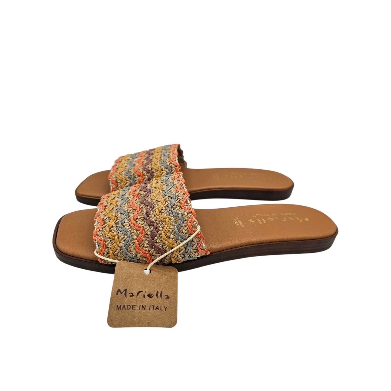 Mariella Multicolored Chevron Woven Raffia Leather Flat Slide Sandals Womens 8