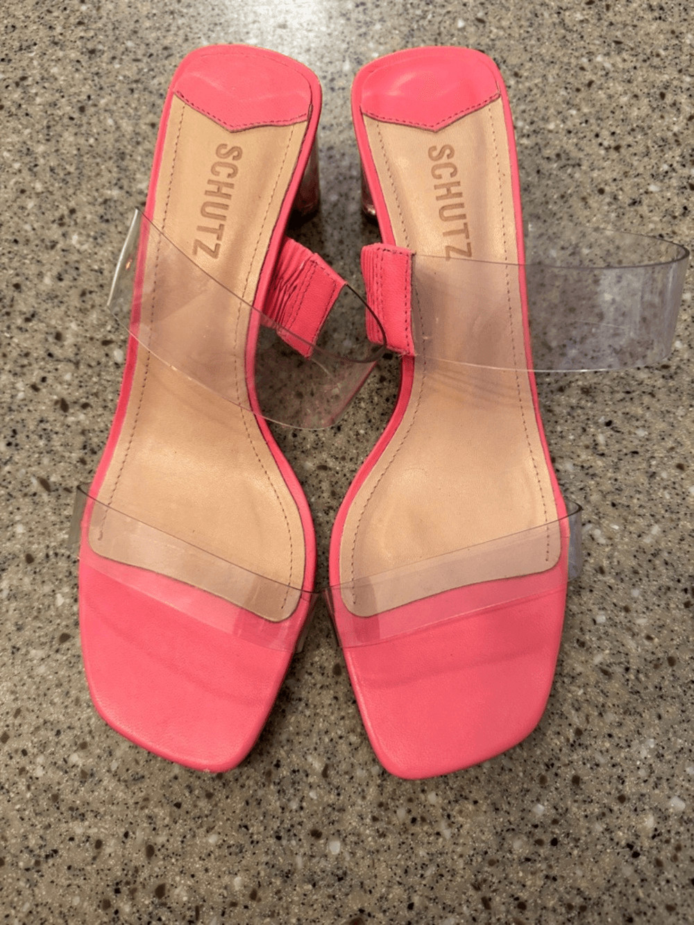 SCHUTZ Ariella Acrylic Mid Heel Mule Sandal Clear Vinyl Strap Pink