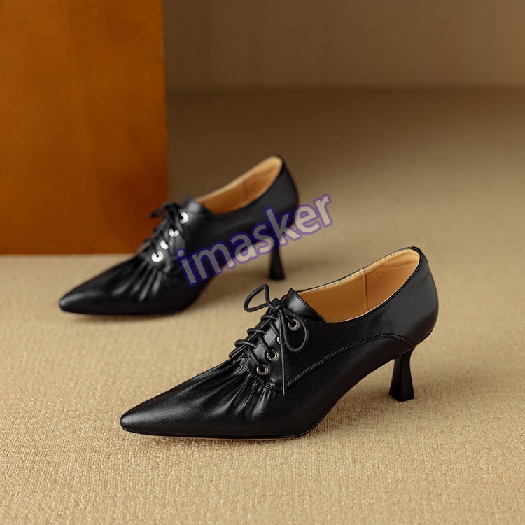Womens Pointed Toe Real Leather 6.5cm Mid Stiletto Heel Lace Up Low Top Shoes Sz