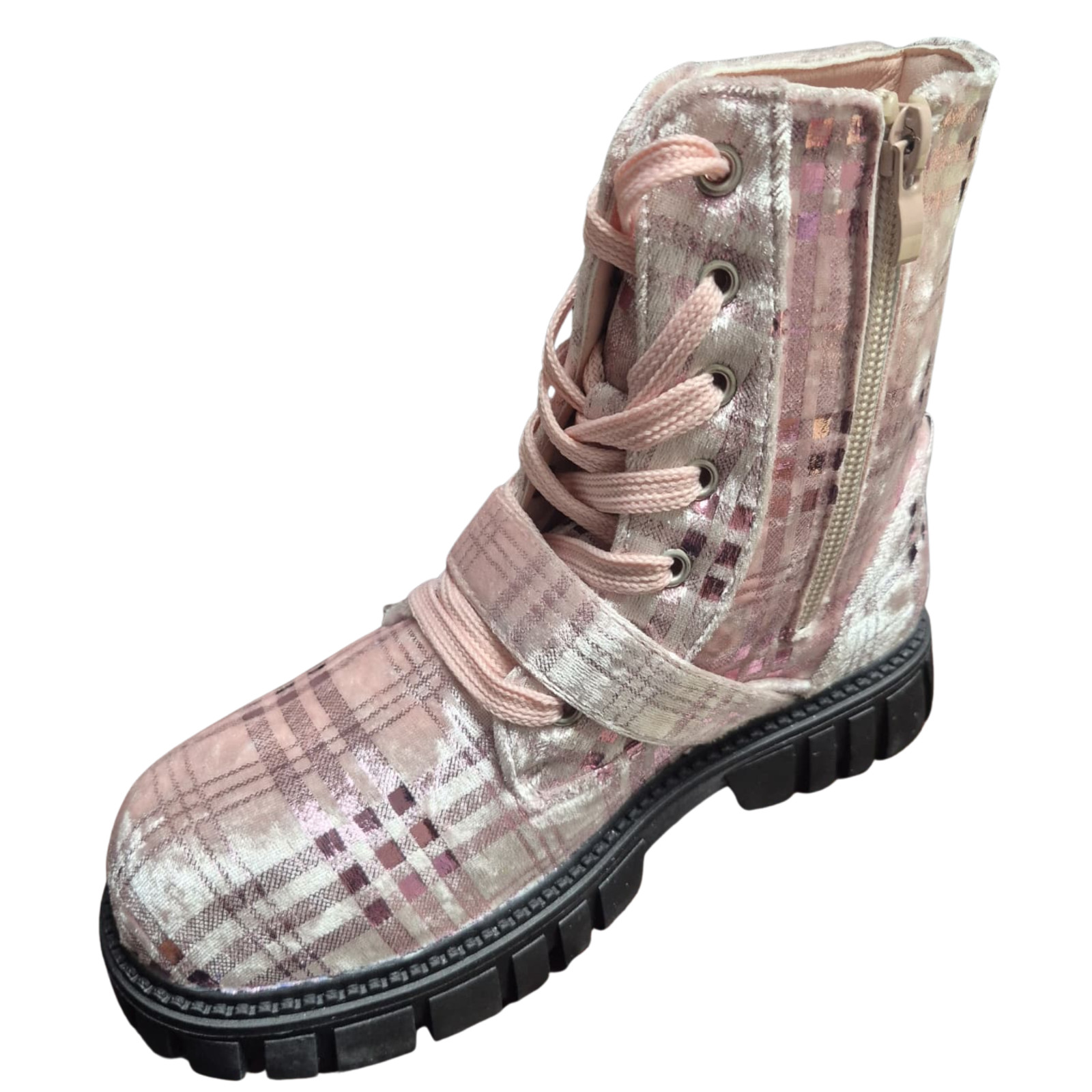 Olivia Miller Girls Lace-Up Ankle Boots Size 5 – Pink Plaid Casual Style