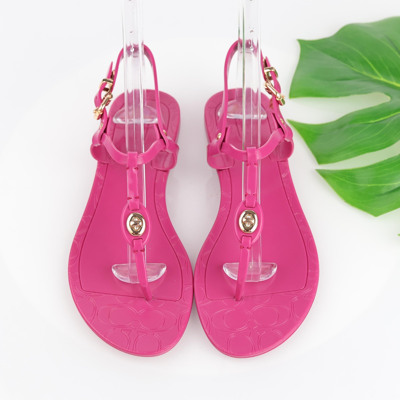 Coach Womens Pier Sandals Size 7 Hot Pink PVC Jelly Thong Ankle Strap Turnlock