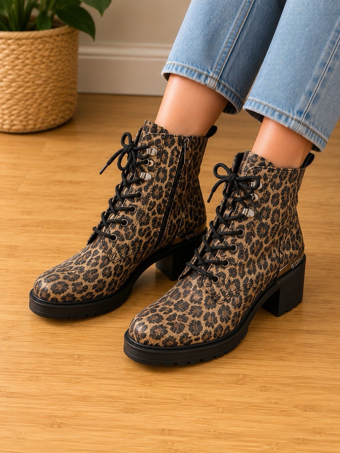 GUESS Women’s Size 6.5 Leopard Print Leather Lace-Up Combat Ankle Boots