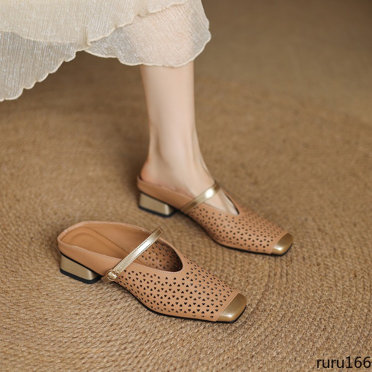 Womens Vintage Mary Jane Mules Square Toe buckle strap Cut Out Flats Daily Shoes