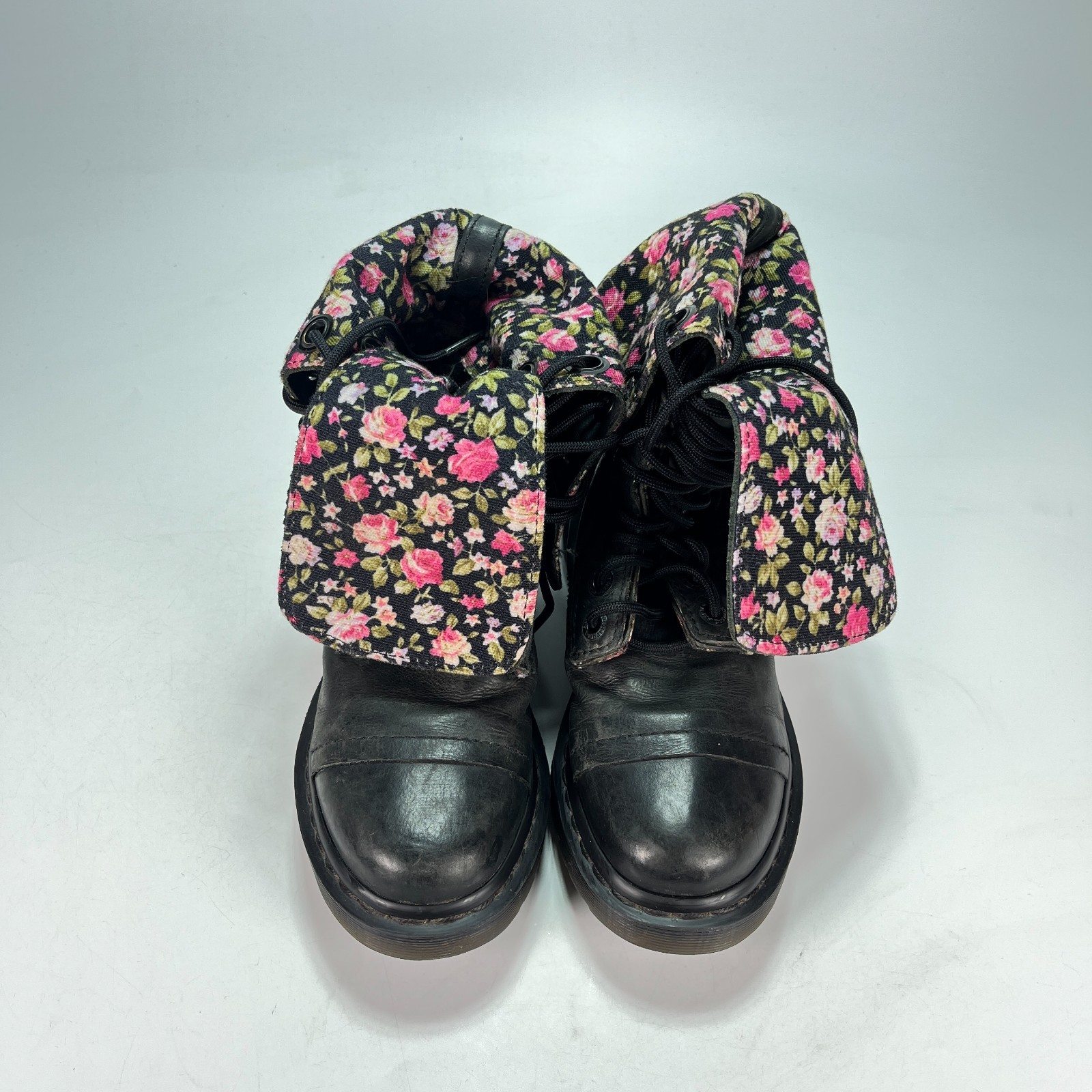 Dr. Martens Triumph 1914 Black Floral Leather Fold Down Tall Boots Womens Size 7