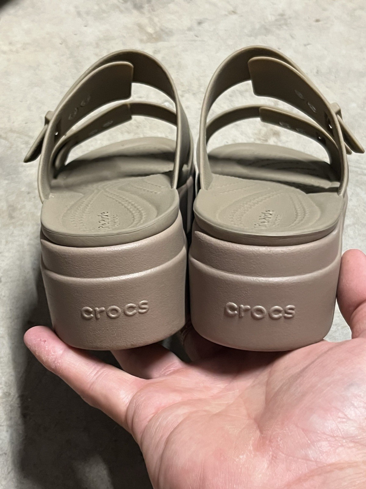 Crocs LiteRide Brooklyn Buckle Low Wedge platform Latte / Mushroom sandals sz. 7