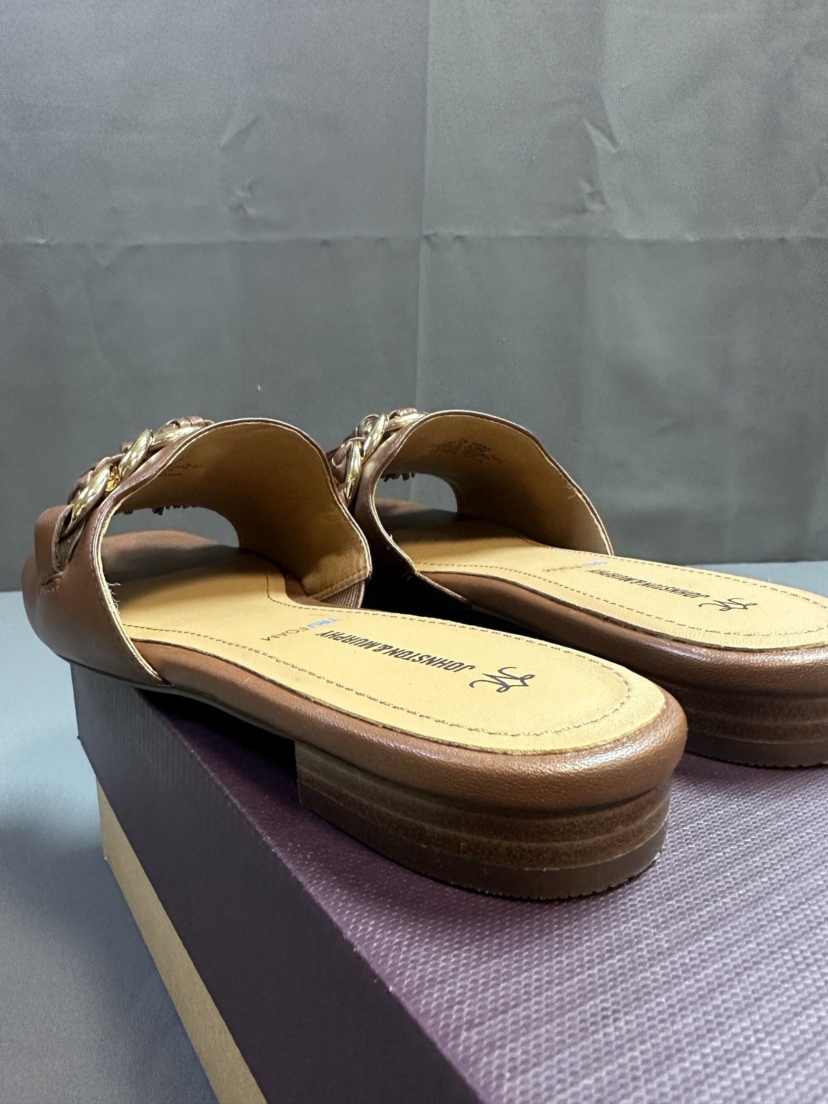 New Johnston & Murphy LILLY Chain Slide Sandals In Cognac Glove – Women’s 6.5M
