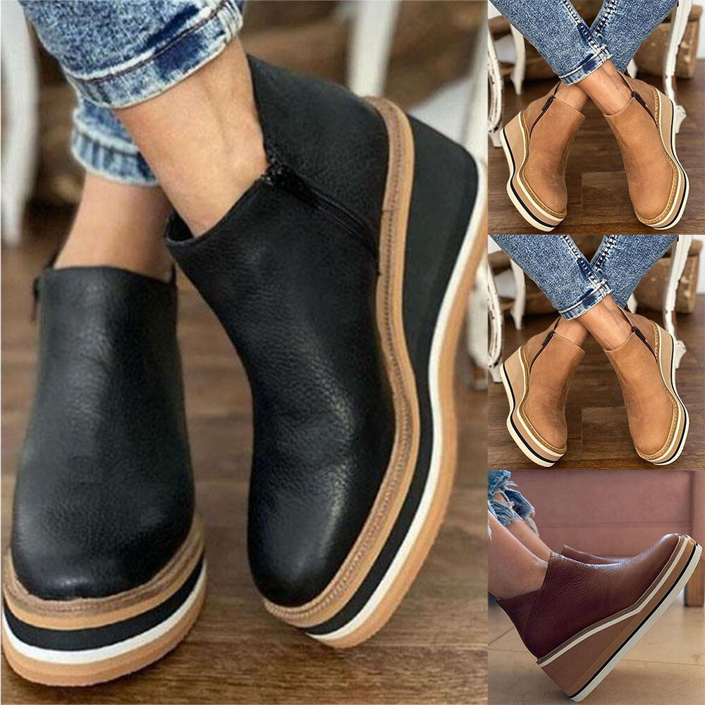 Women’s Ladies PU Leather High Mid Heel Wedge Work Ankle Boots Size UK2.5-8.5