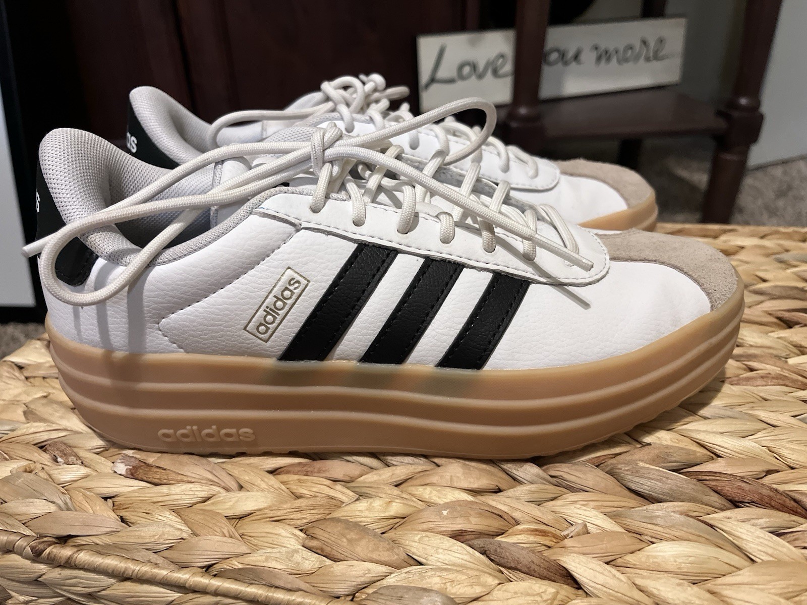 White Adidas 3 Black Stripes Women’s 6.5 Platform court bold
