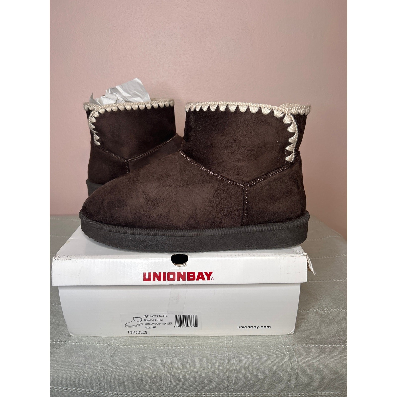 Unionbay Lisette Women’s Dark Brown Faux Suede Faux Fur Lined Ankle Boot Sz 11 M