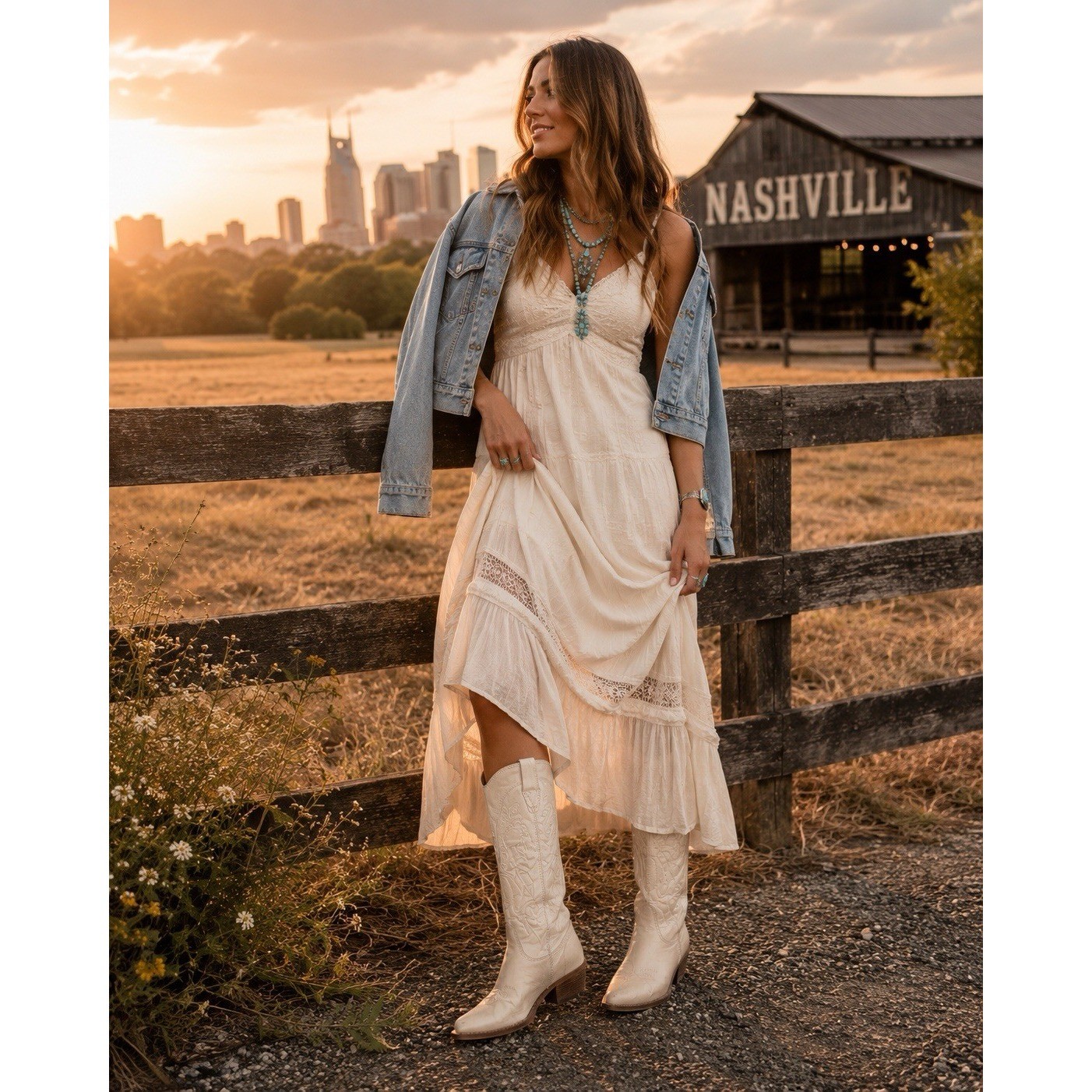 Western America Luxe Ivory Leather Cowboy Boots Women’s 8 Square Toe