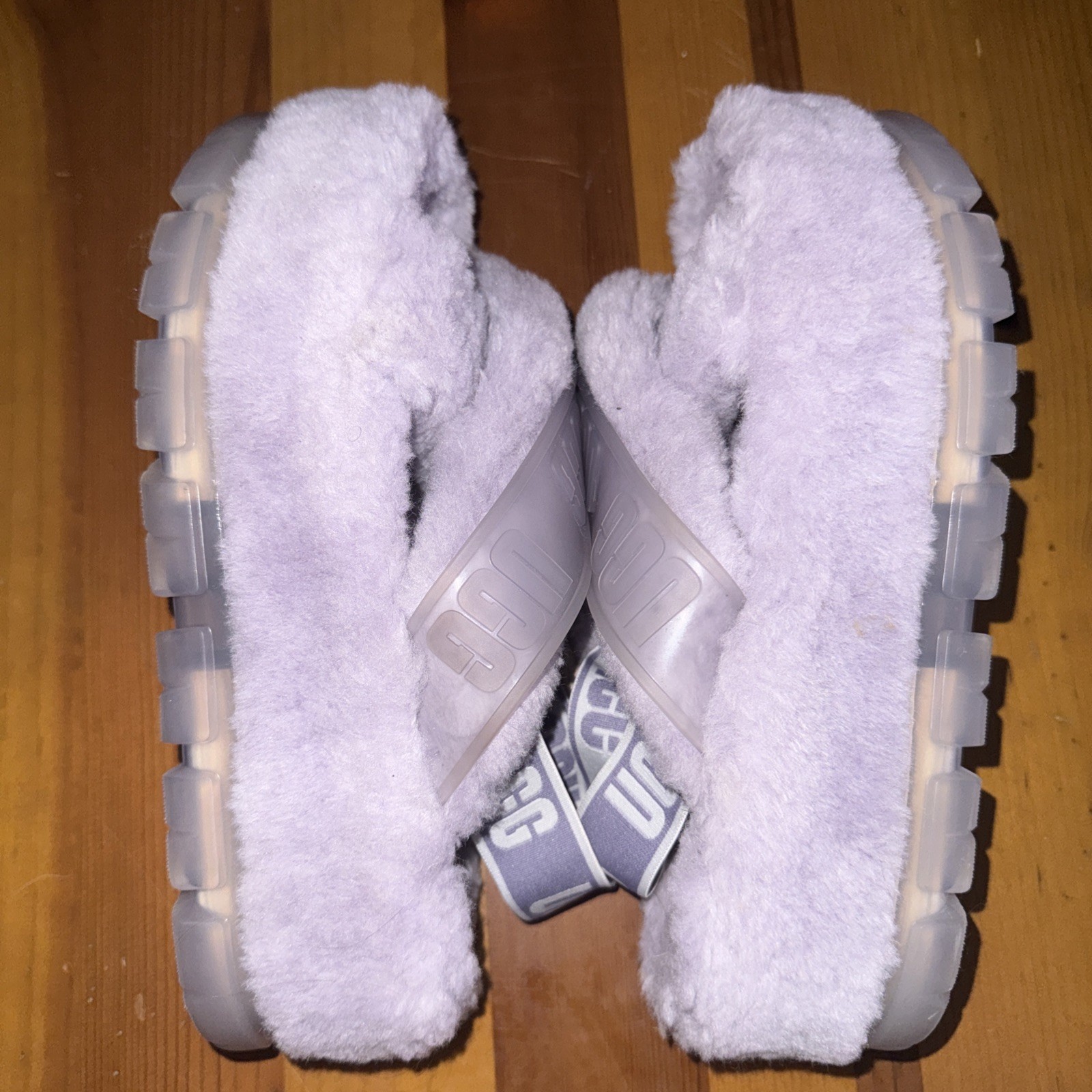UGG FUZZITA RARE COLOR LILAC CLEAR FLUFF SLIDE PLATFORM SANDALS 9