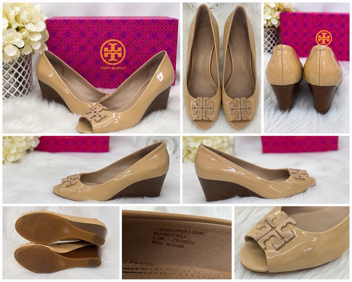 Tory Burch Nude Patent Leather Peep Toe Wedge Pumps Women’s Size 8.5 M Beige