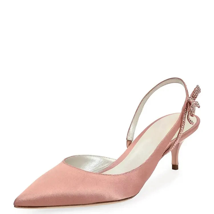 Blush Satin Rhinestone Bowknot Kitten Heel Slingback Pumps ws1913096