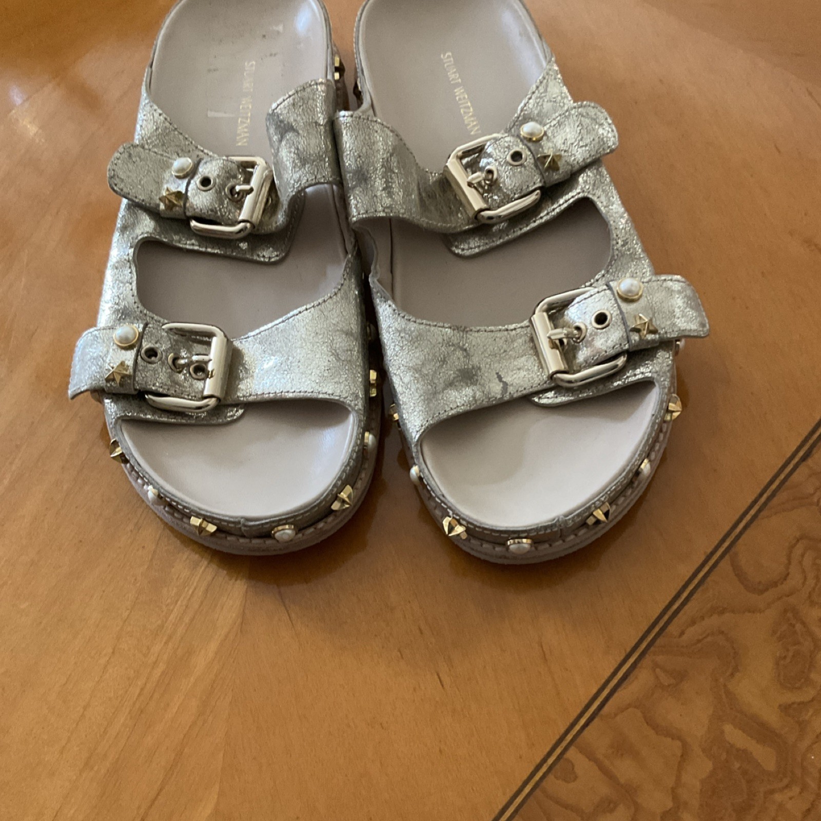 Stuart Weitzman Silver Studded Pearl Buckle Slide Sandals Leather Women’s 8