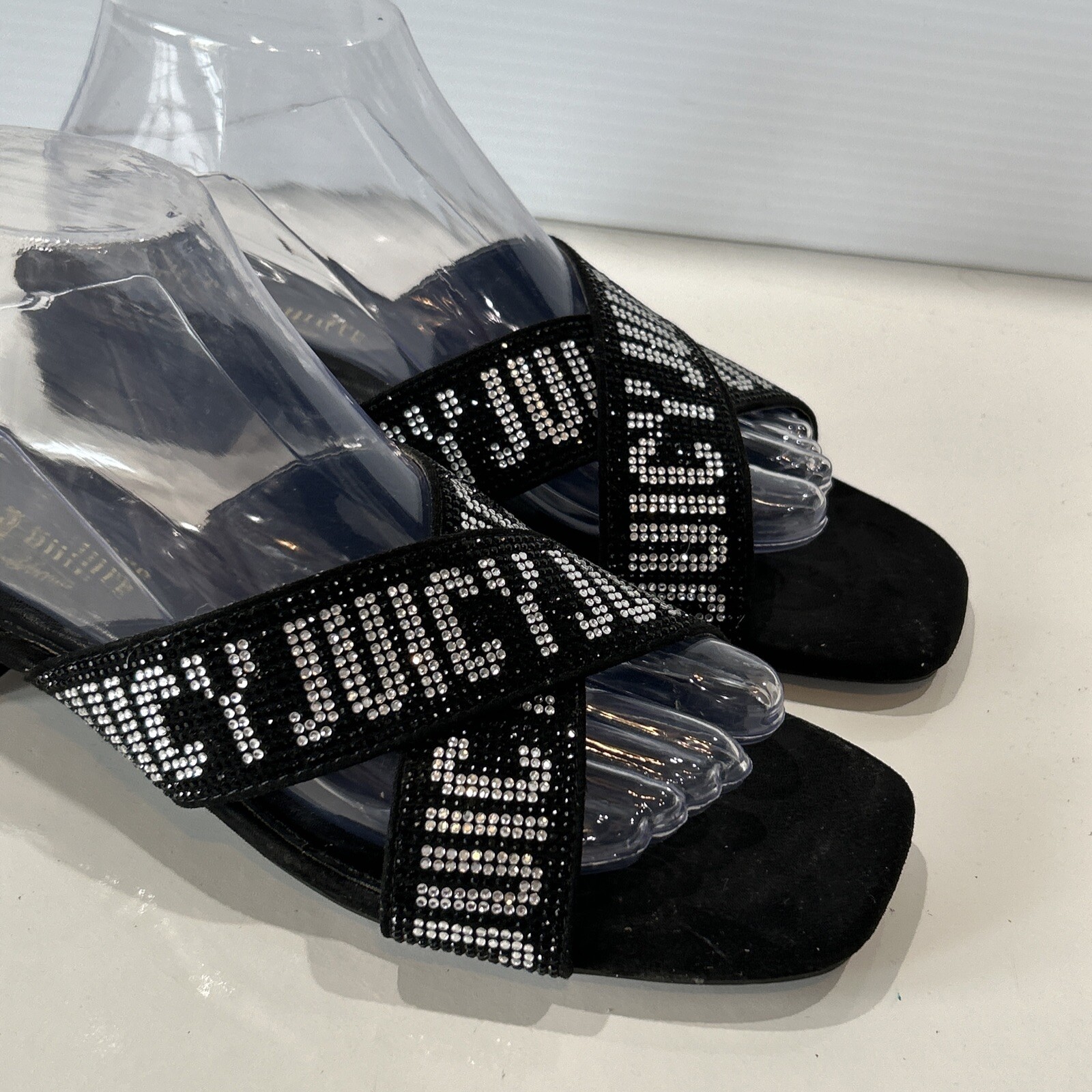 Juicy Couture 8.5 Crystal Logo Black Cross Over Sandals Bling Slip On Shoes