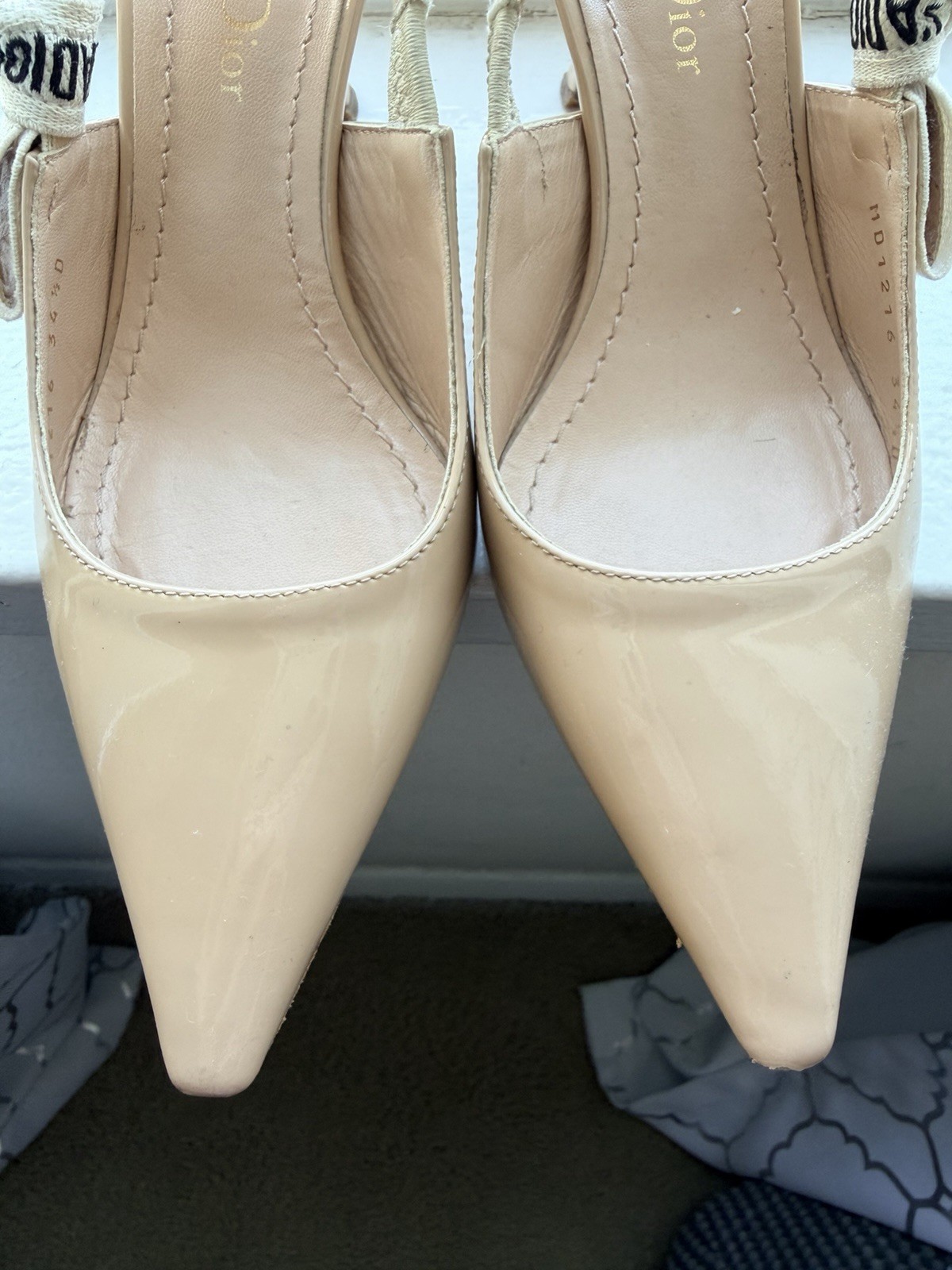 Christian Dior Beige Patent Leather Slingback Pointed Toe Logo Heels 4.5