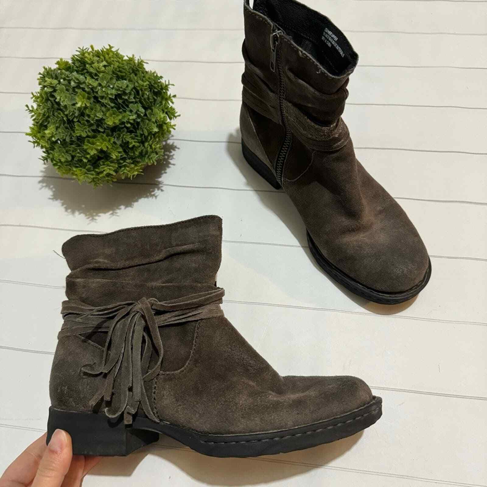 Born Brown Gray Suede Leather Fringe Tassel Ankle Boots Booties Women’s Size 6.5