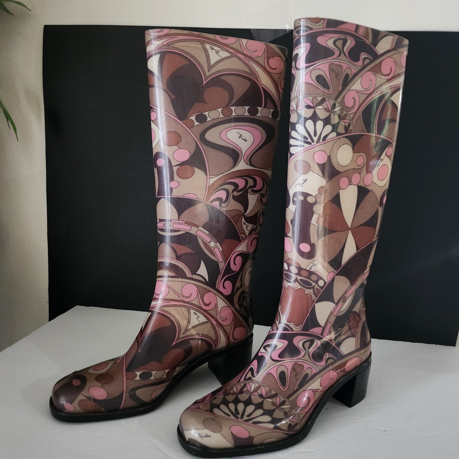 Vtg Emilio Pucci Psychedelic Pink & Brown Knee High Rain Boots Sz 7.5 – 8 Y2K