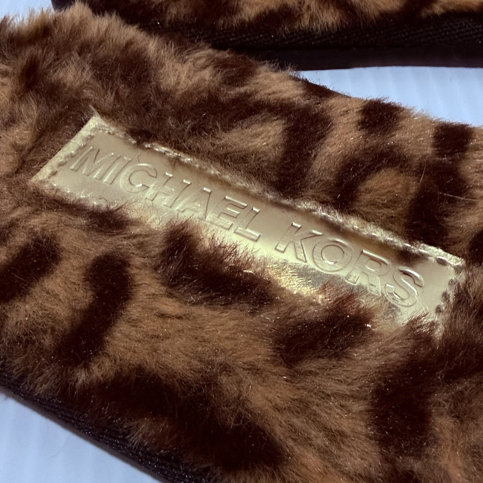 Michael Kors Women’s 9.5 Leopard Faux Fur Slide Slippers Brown/Black Logo