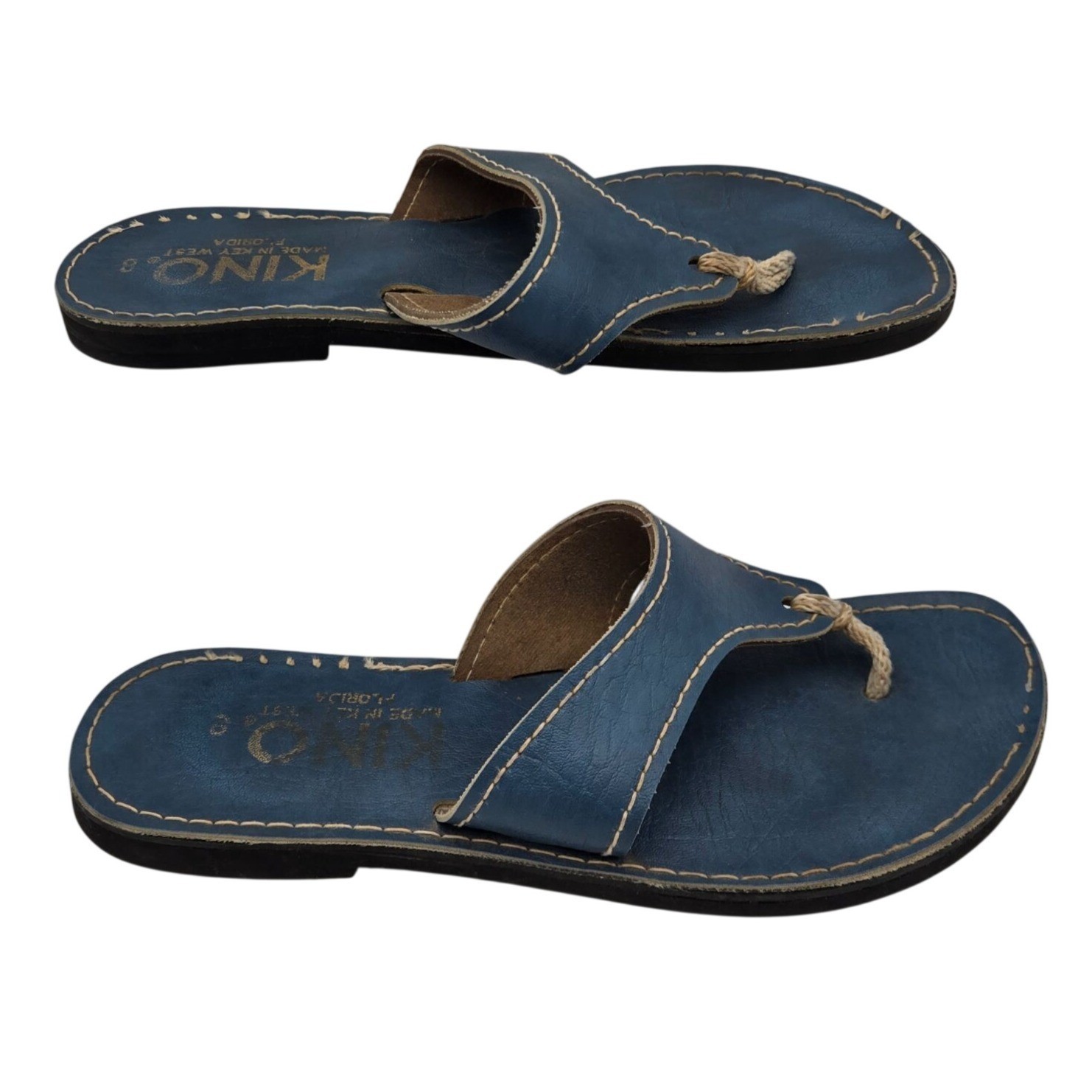 Kino Vintage Blue Leather Flip Flops Size 8 Made In Key West Florida Pre-Owned