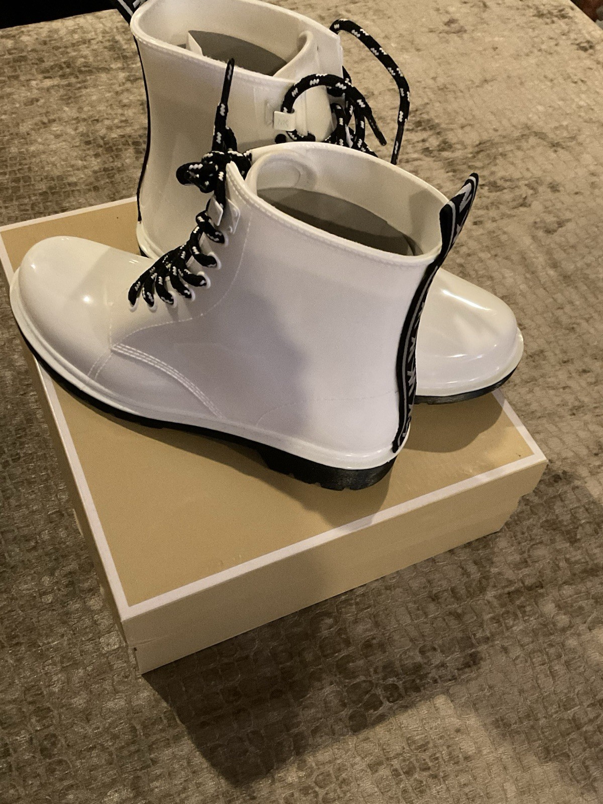 Michael Kors Women’s Waterproof Lace-Up Rain Boots White Logo Pull Tab