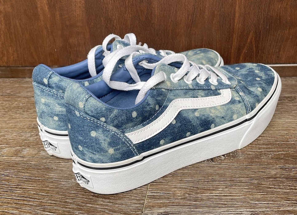 Vans Womens Old Skool Blue Denim Polka Dot Sneakers Size 8.5 Platform Shoe Clean