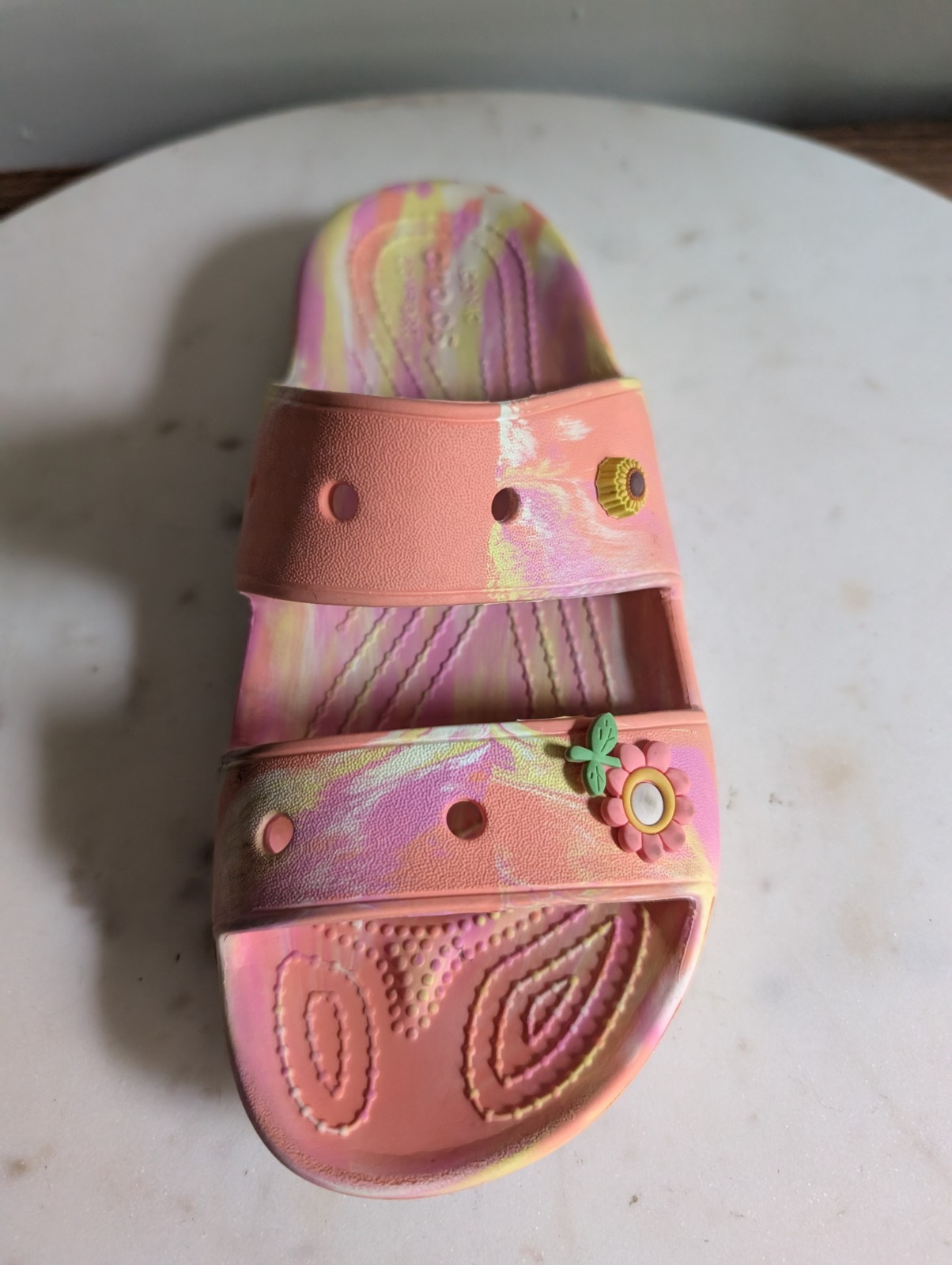 Crocs Iconic Comfort Women’s Slide Sandals Pink Yellow Marble Jibbitz Size W7