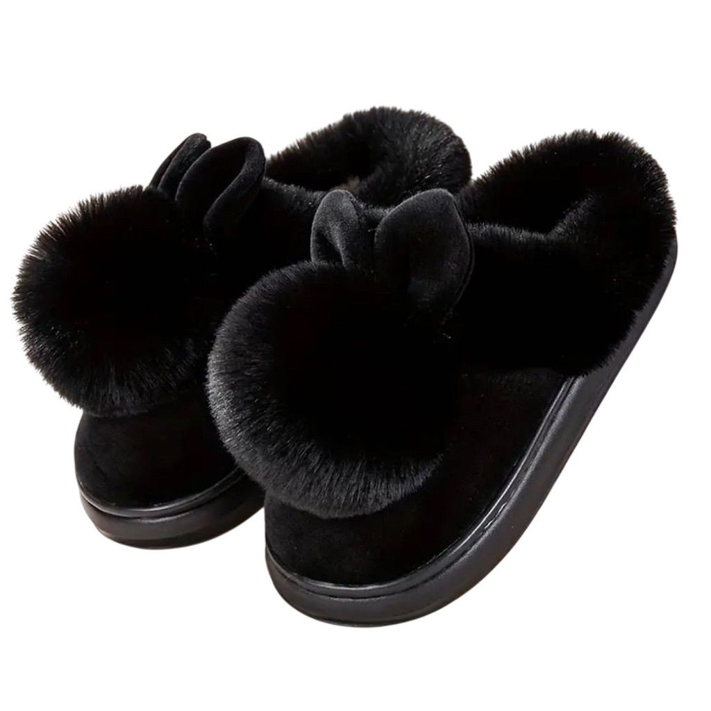 Women’s Bunny Plush Slippers Black 7 Indoor Warm Cozy Soft Fall Winter