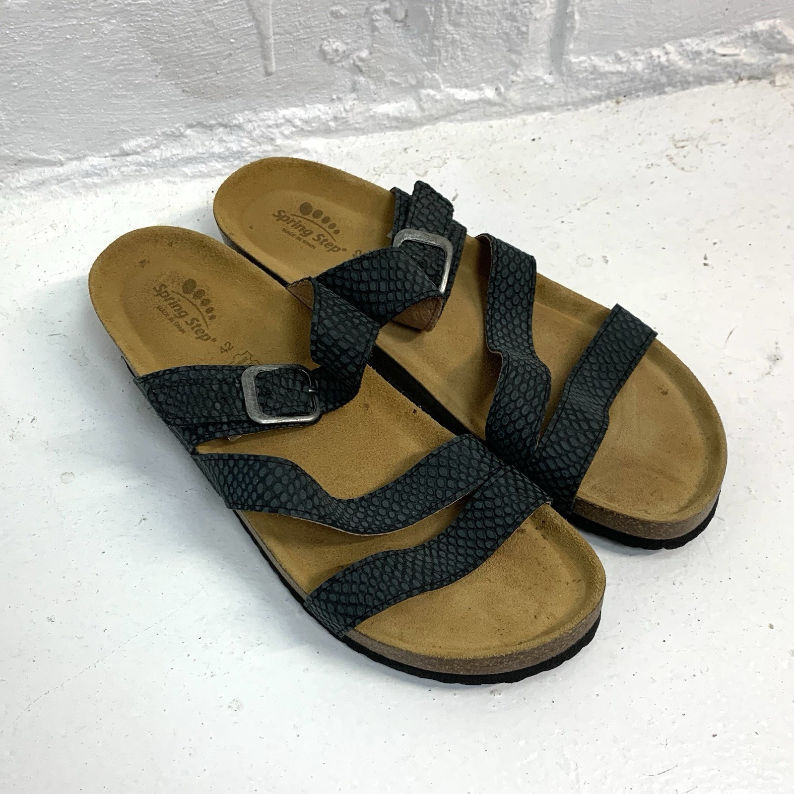 Spring Step Flossie Sandals Size 42 Slip On Cork Embossed Leather Comfort Black