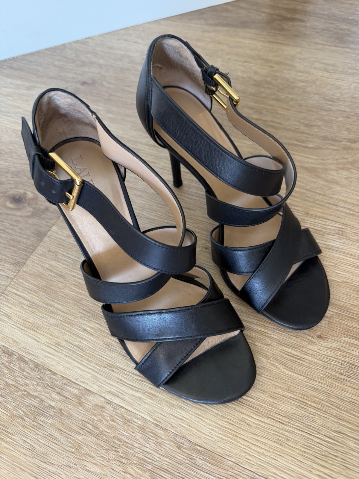 Lauren Ralph Lauren Black Leather Open Toe Ankle Strap Buckle Heels 7.5B