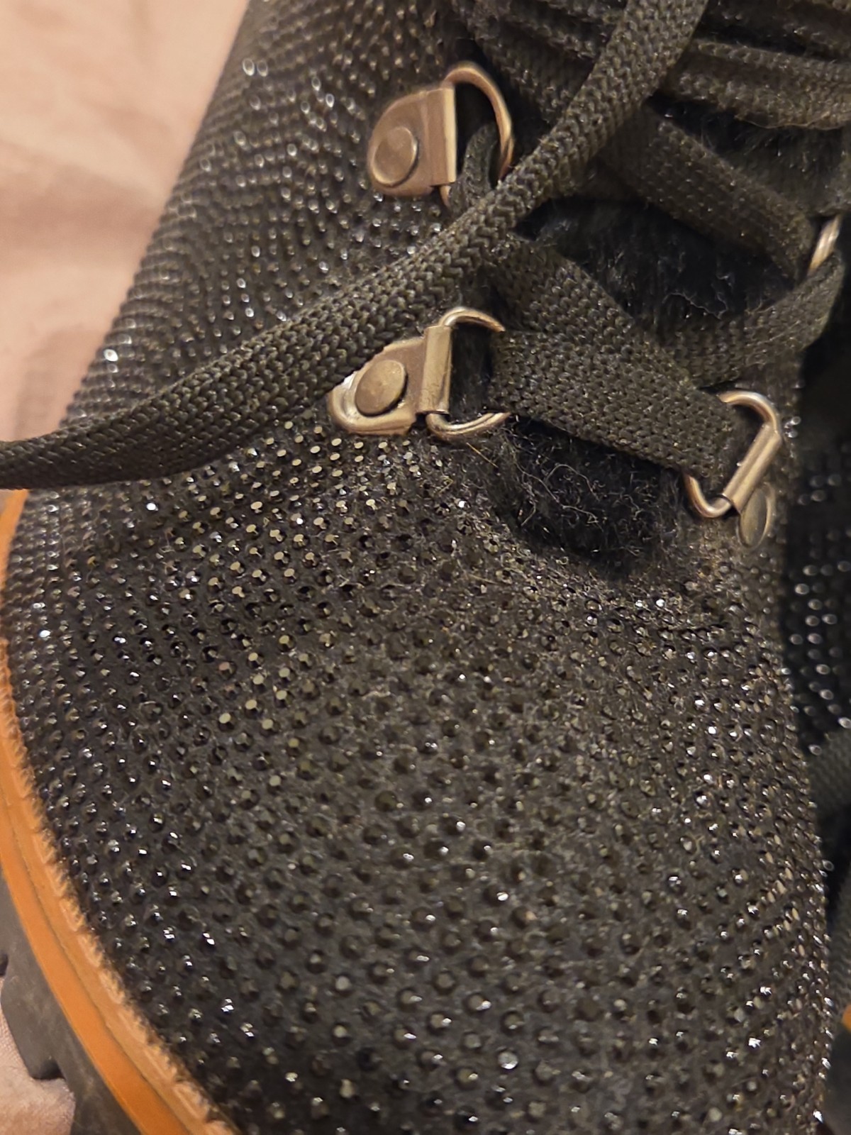 Nanette Lepore «Anais» Black Beaded Sparkle, Faux Fur Trim Stacked Hiker Bootie