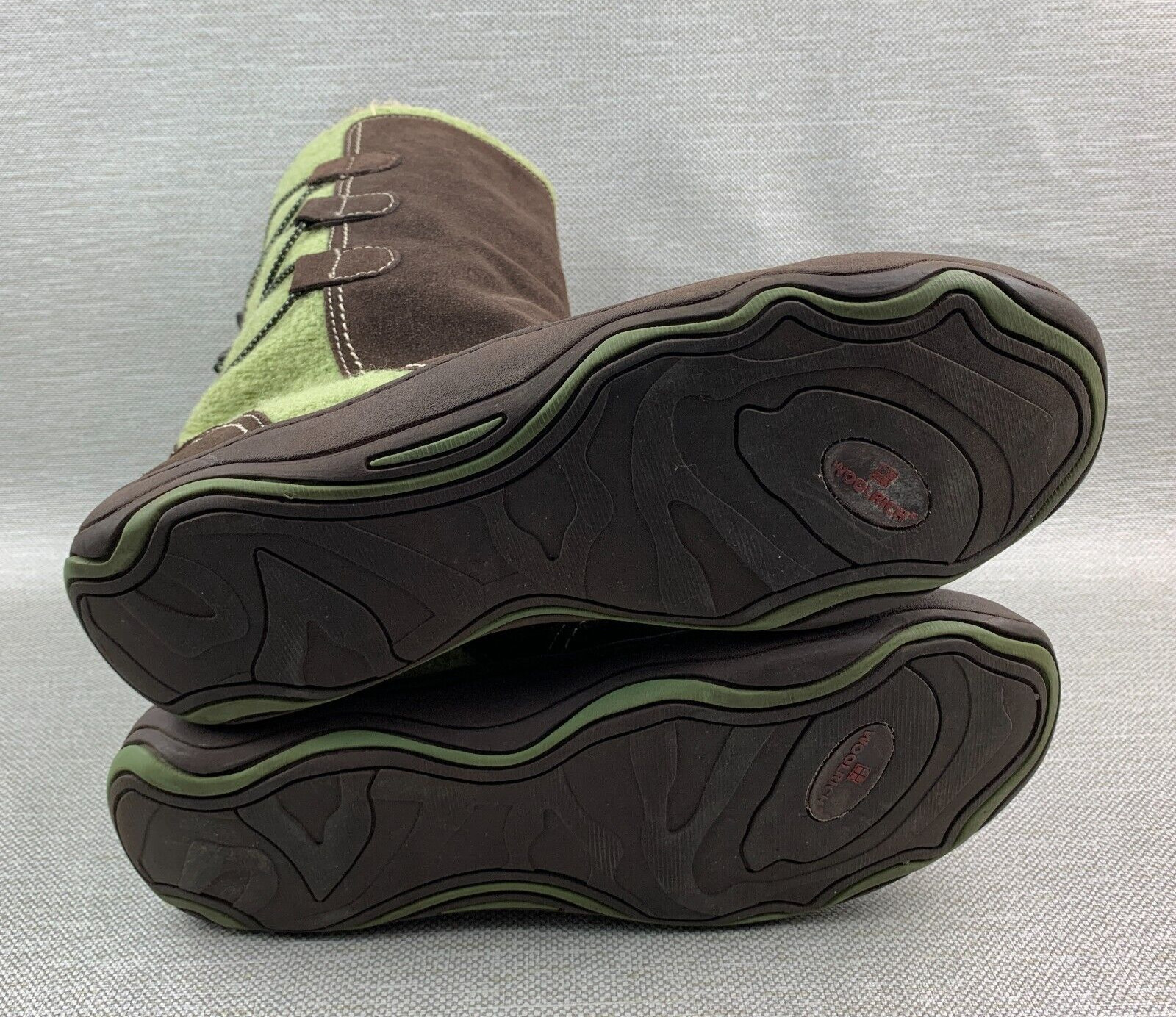 Woolrich Boots Mid Calf Green Brown Leather Suede/Textile Back Lace Up Size 10M