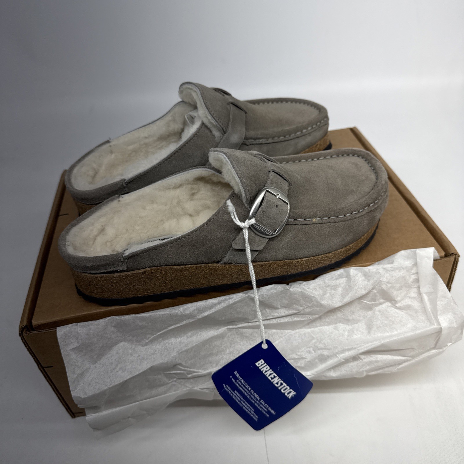 Birkenstock BUCKLEY Shearling Suede STONE Grey Clog Narrow Size 38 – US 7 L – M5