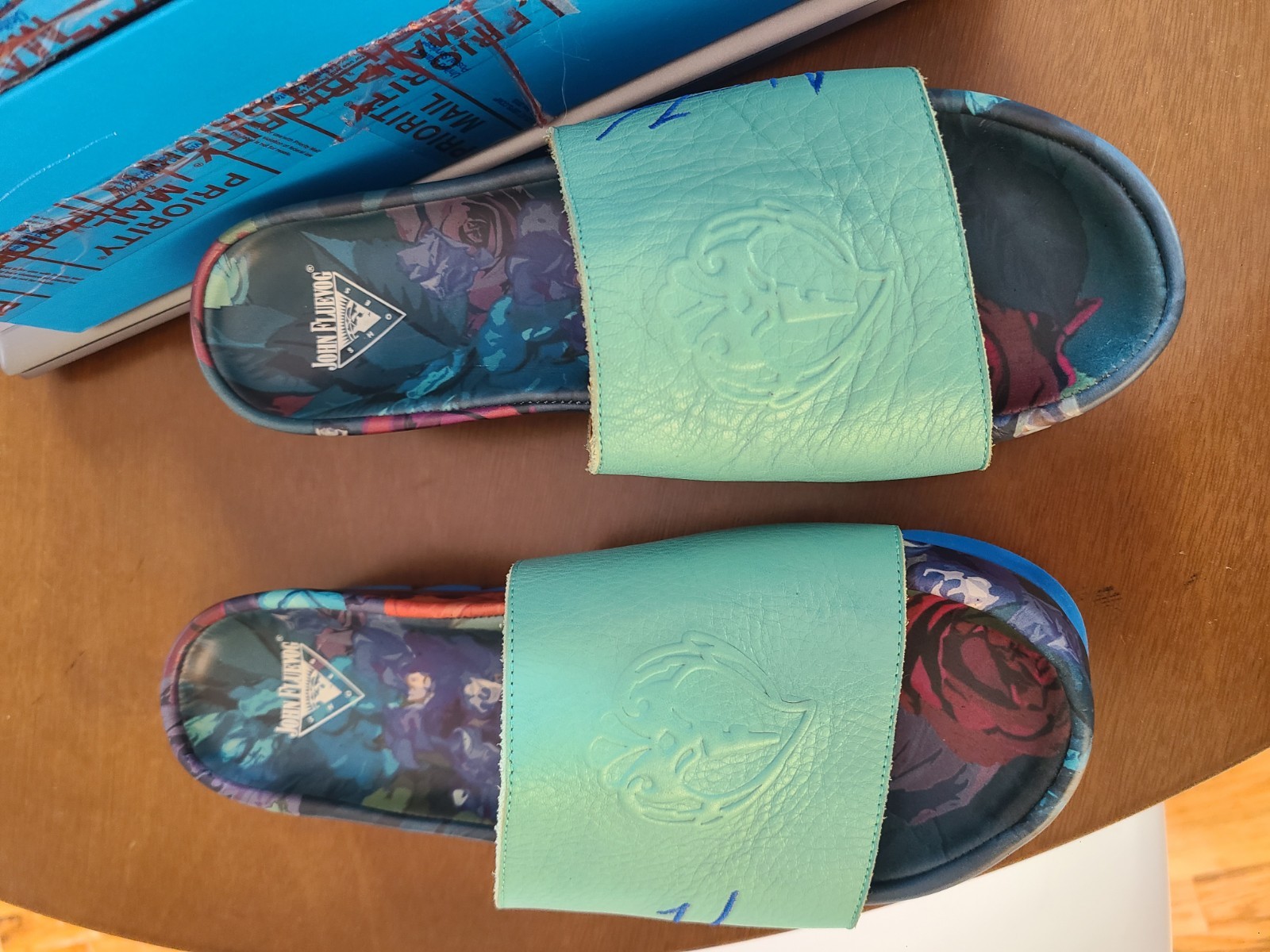 JOHN FLUEVOG signed platform teal and blue slide sandal shoes BUOY SIZE 10. EUC!