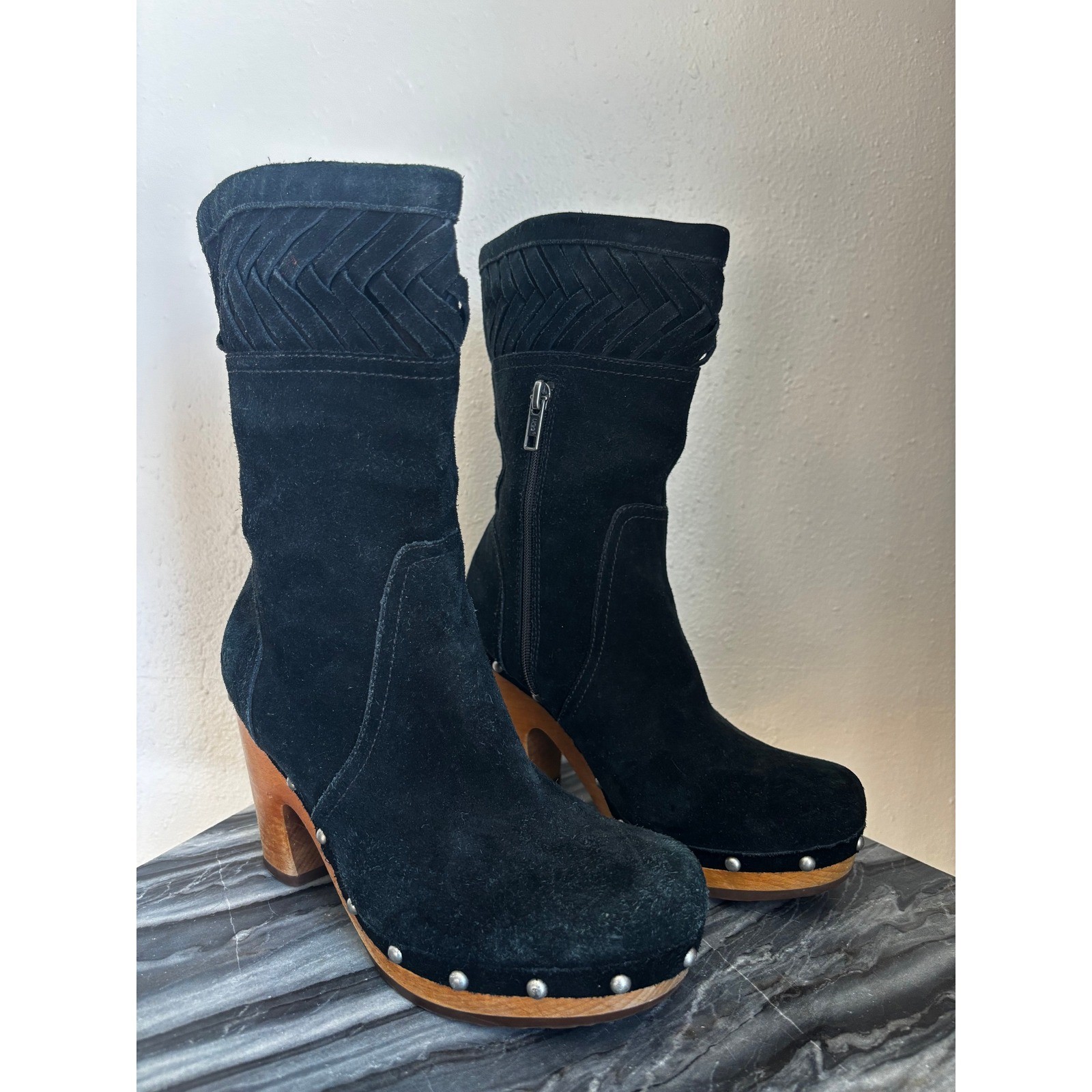 UGG Australia Black Suede Woven Clog Boots Wooden Block Heel Studded 7 Annaliza