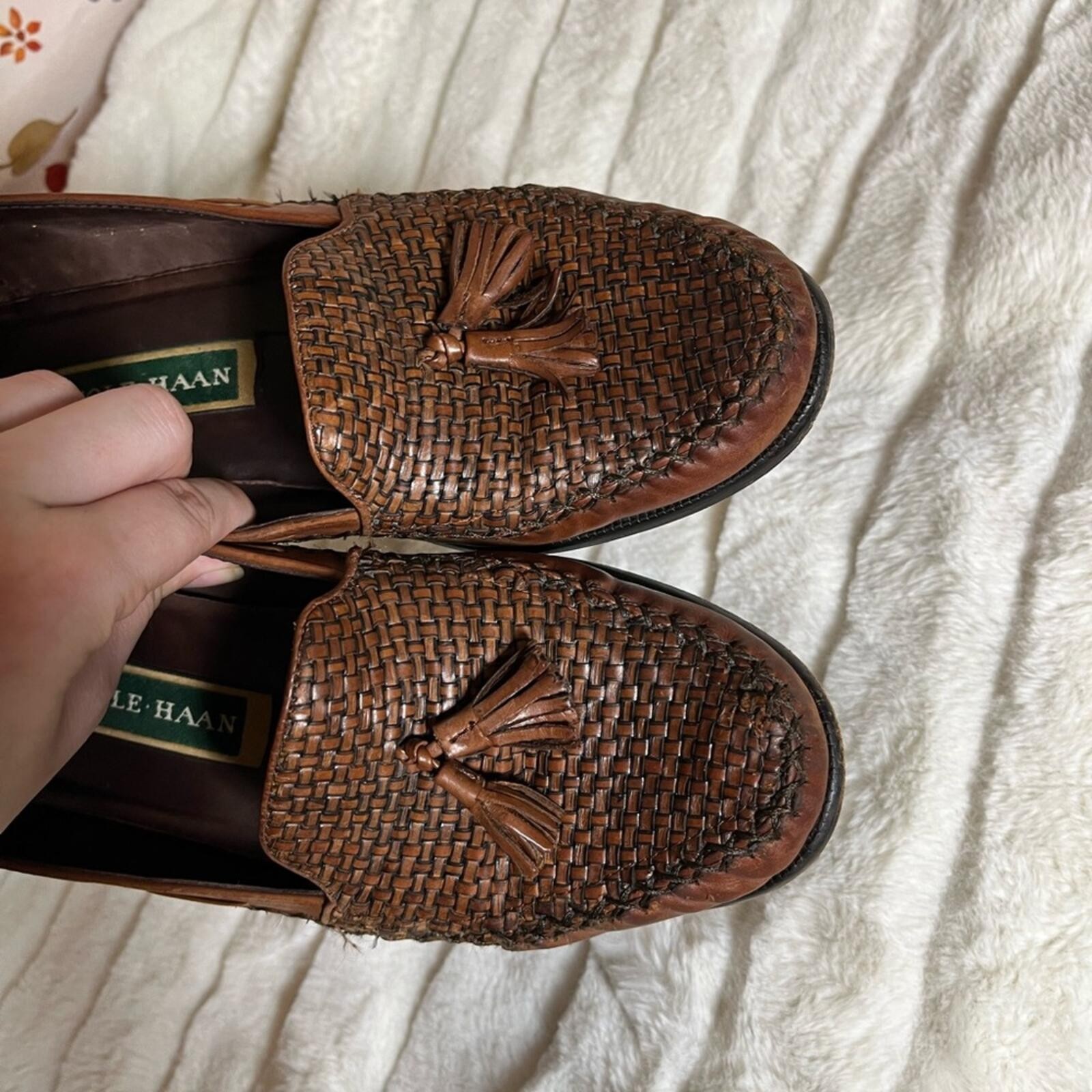 Cole Haan Womens 9.5B Vintage Brown Woven Leather Tassel Moccasin Workwear Shoes