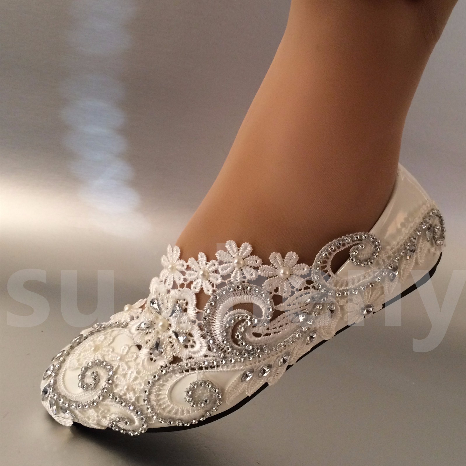 su.cheny White ivory pearls rhinestones lace flat Wedding shoes Bridal size 5-13