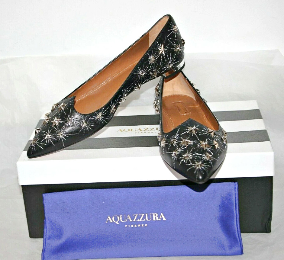 AQUAZZURA Cosmic Star Pointy Toe Flats in Black Silver sz US 6 – IT 36