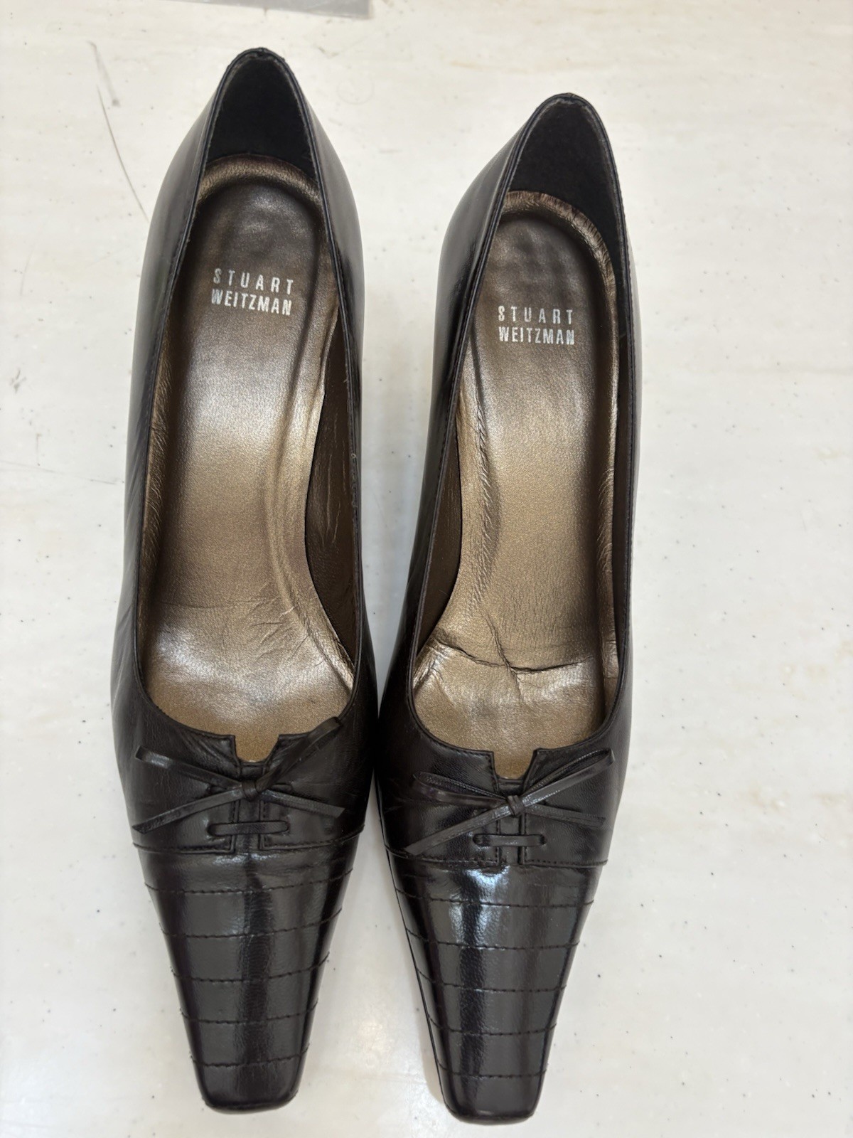 Stuart Weitzman Women’s Black Bow Square Toe Slip On Pump Heels US 8.5