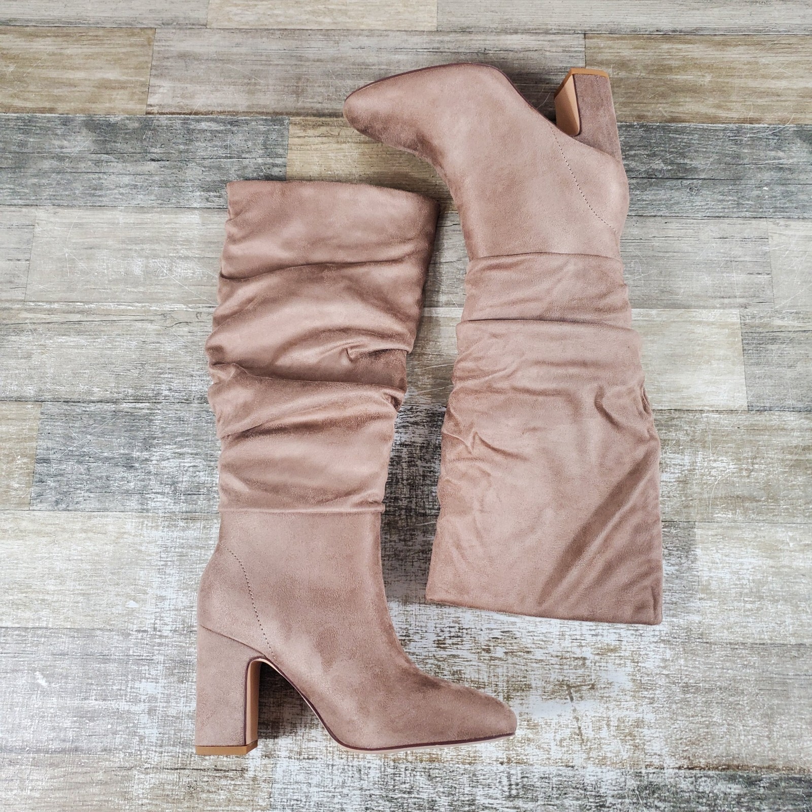 Chinese Laundry Kipton Womens Boots Sz 6 Taupe Suedette Knee High Block Pull On