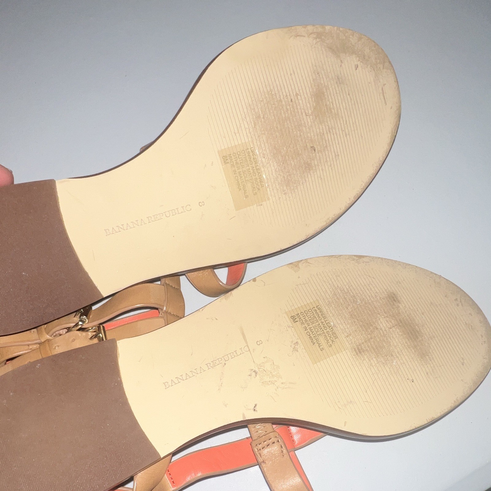 Banana Republic Tan/Orange Leather Strappy Thong Sandals 8M Buckle Ankle Strap