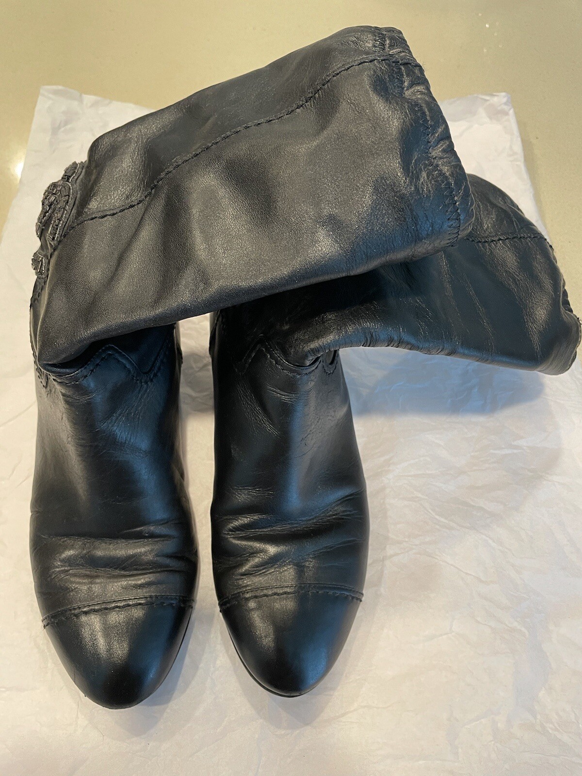 ❤️CHANEL Authentic Leather Boots 37 Beaded Crystal CC Logo Pull Up Booties Shoes