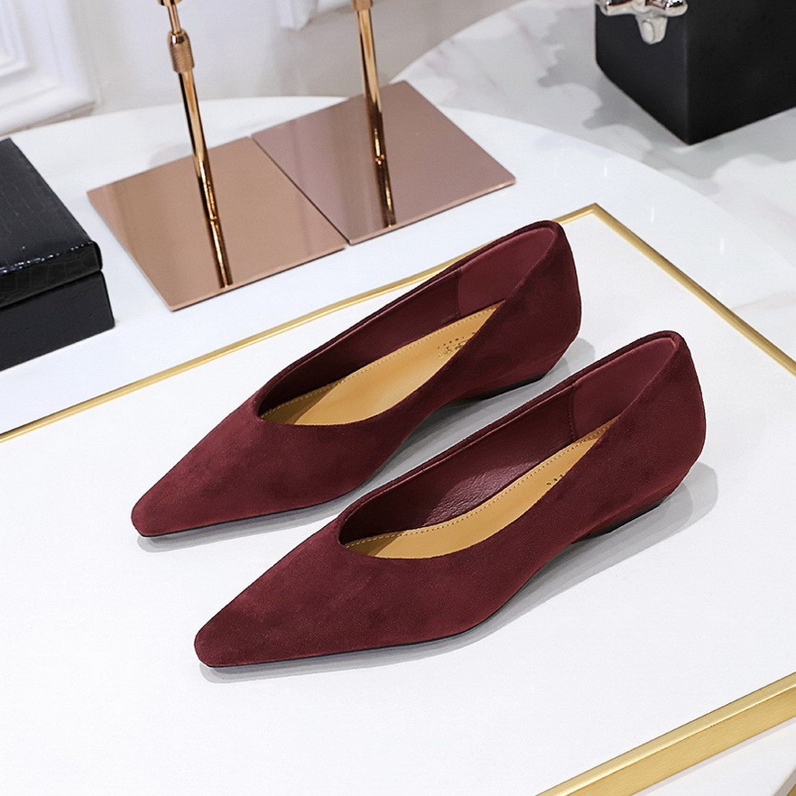 Women Burgundy Suede Pointed Toe Low Wedge Heel Slip On Office Casual Pumps