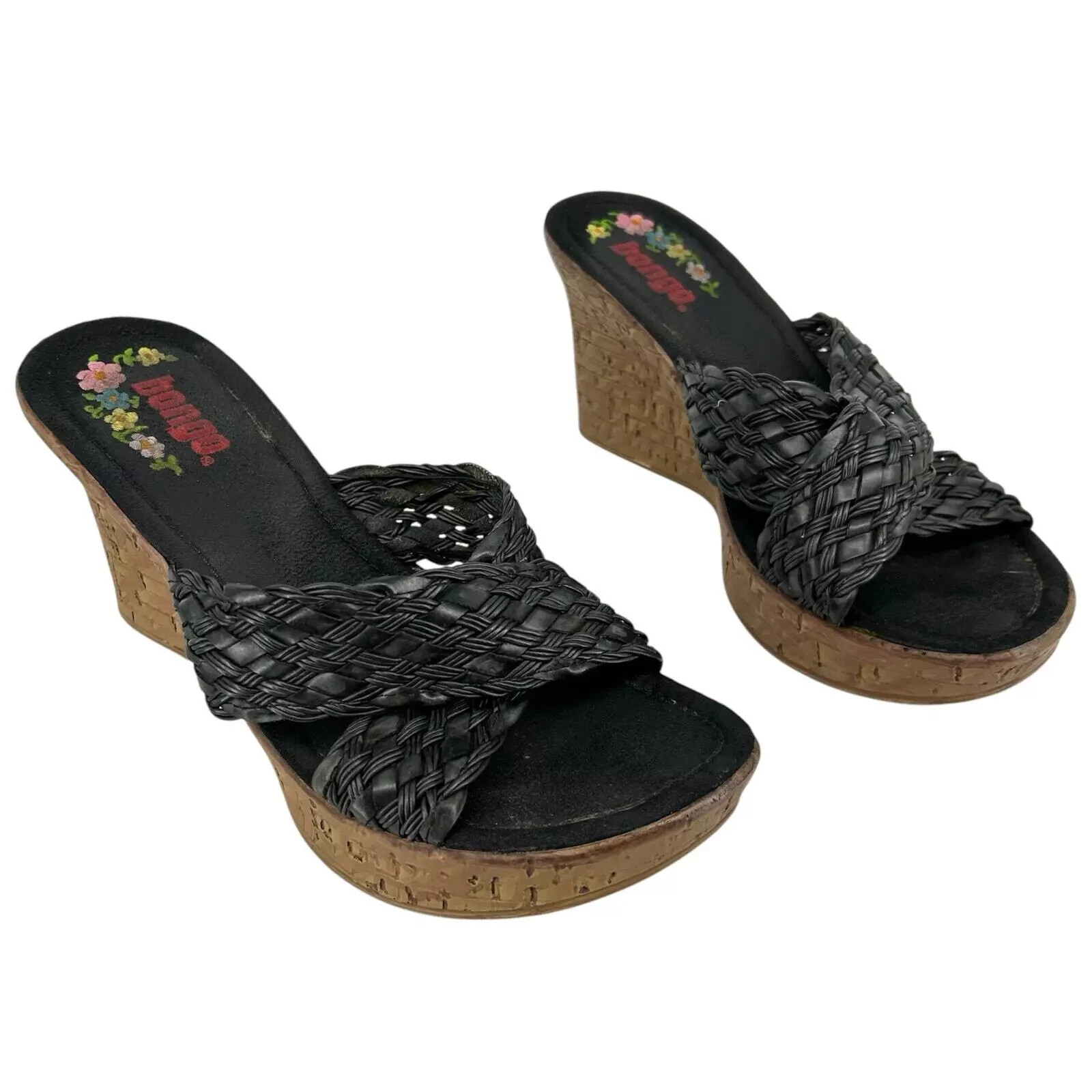 Y2k Bongo Wedge Sandals 7 Braided Black Chunky faux Wood Platform Boho 90’s Vtg