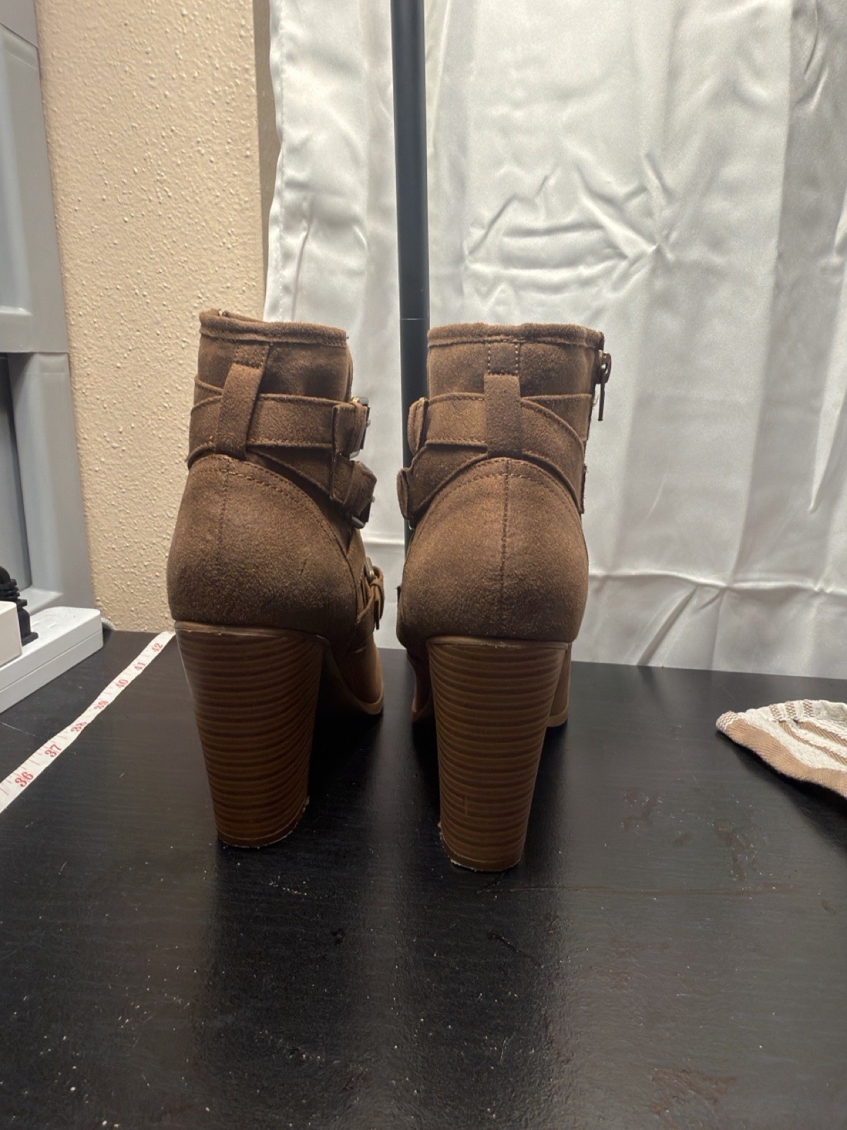 Just Fab brown suede ankle boots with buckle straps and zipper