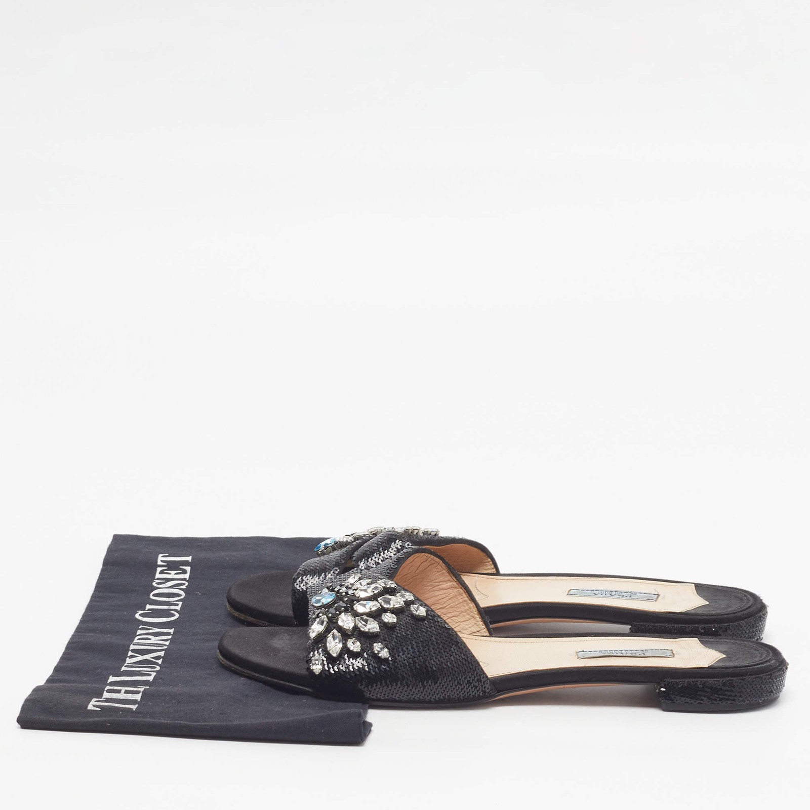 Prada Size 40 Black Sequins Crystal Embellished Flat Slides
