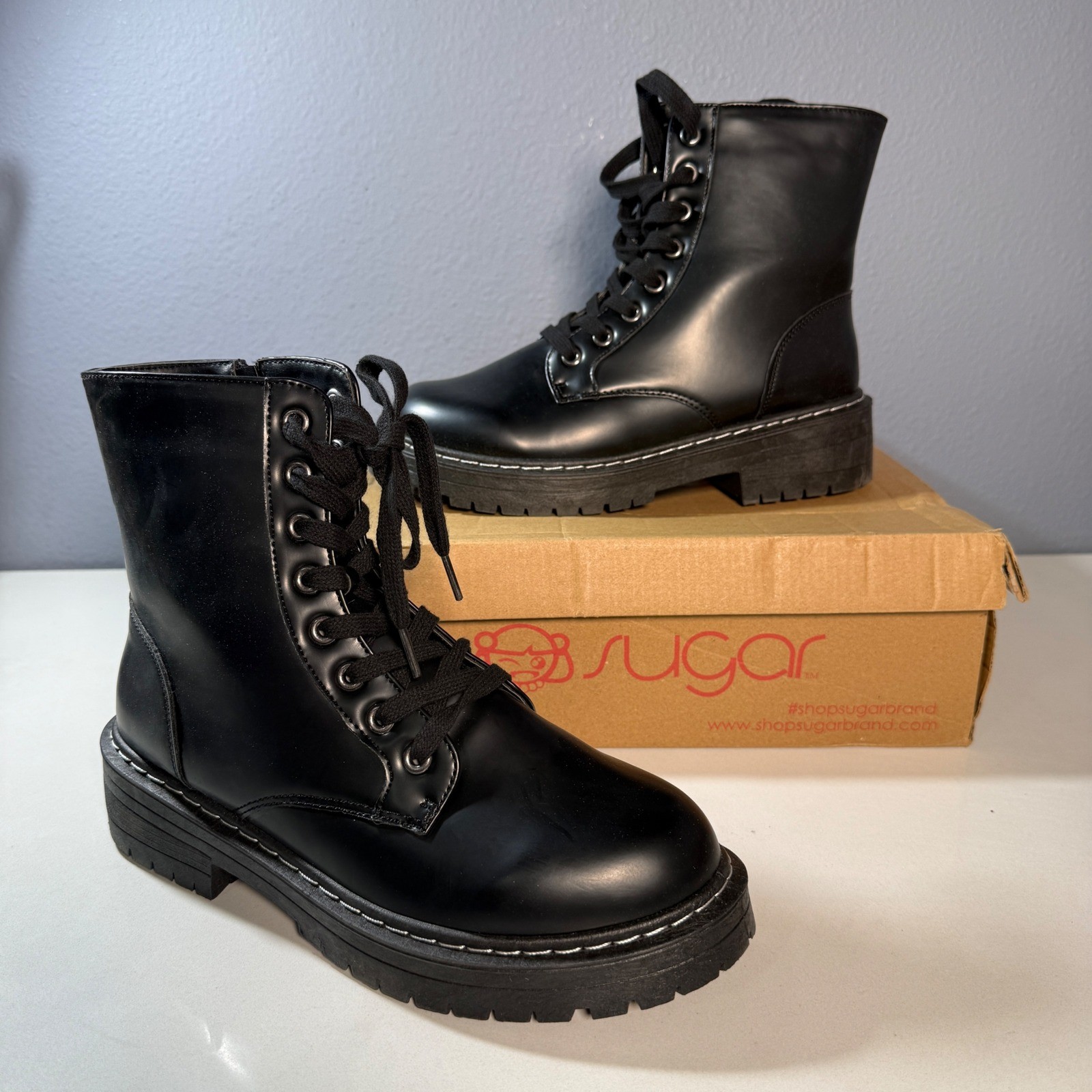 Sugar Kaedy Combat Boots Womens 7.5W Black New Lug Sole Lace Up Side Zip
