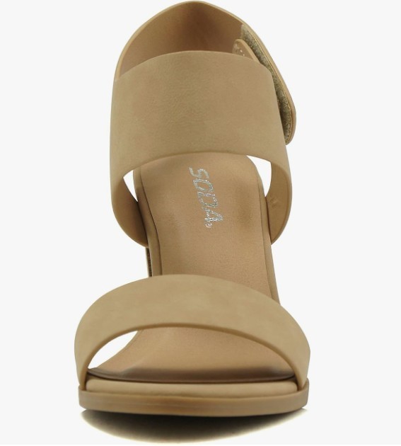 SODA WAIT-A Women Tan Open Round Toe Chunky Heel Ankle Strap High Heel SZ 7.5