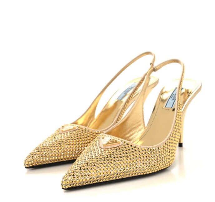 Prada Satin Crystal Triangle Logo 85mm Slingback Pumps 38 Platino Heels Shoes