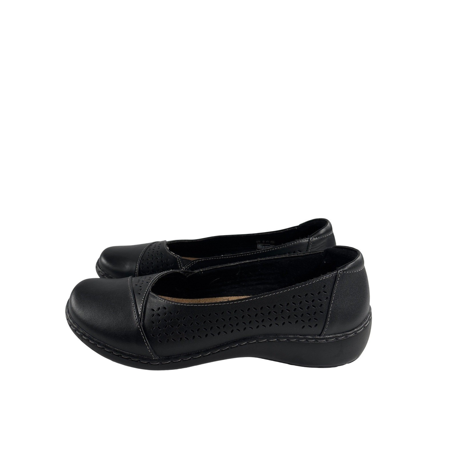 Clarks Collection Cora Iris Black Leather Laser Cut Ballet Flat Womens 10M